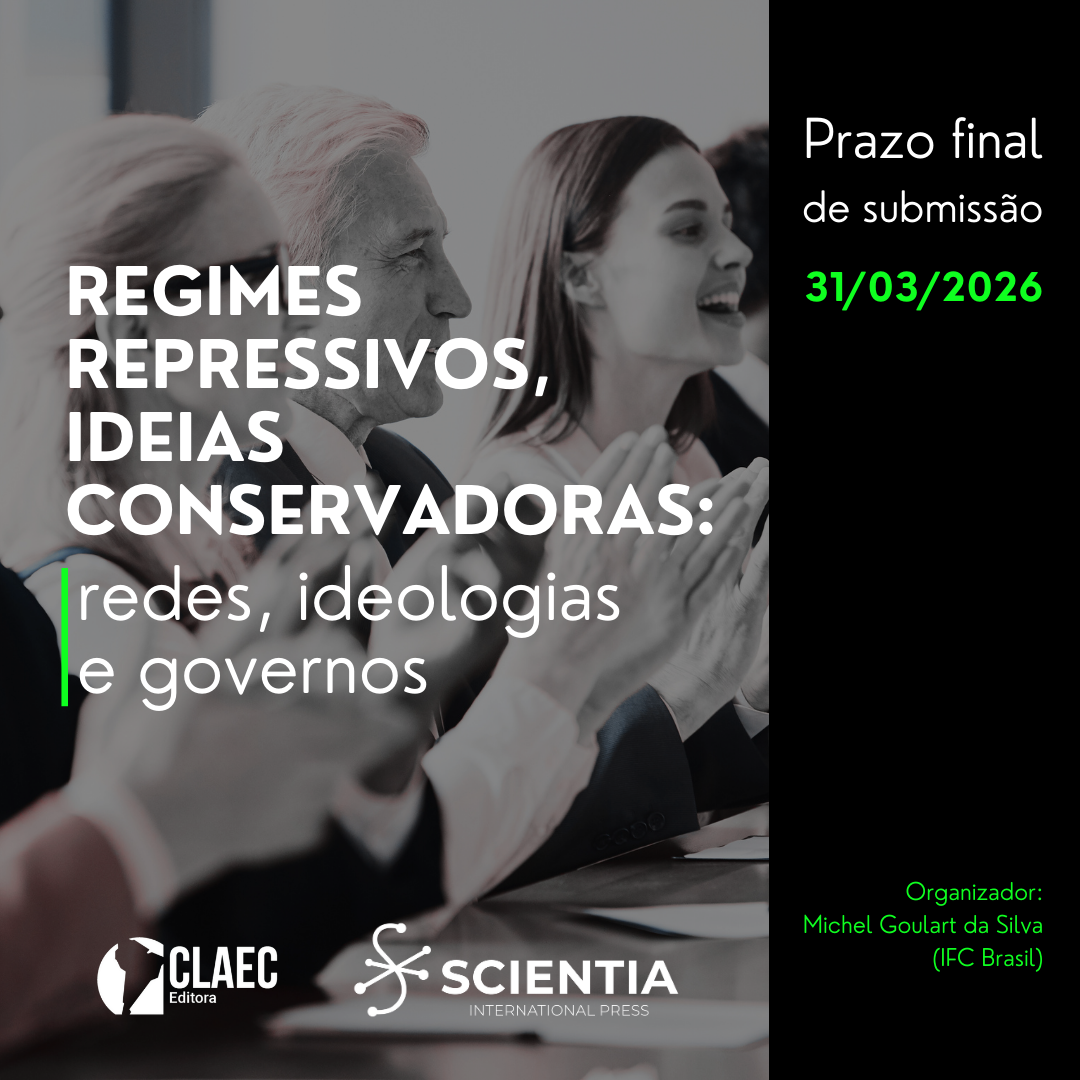 Imagem em preto e branco de um grupo de pessoas em um ambiente formal, como uma conferência, aplaudindo. O foco está em um homem mais velho e em uma mulher sorrindo, sugerindo um debate político ou ideológico.