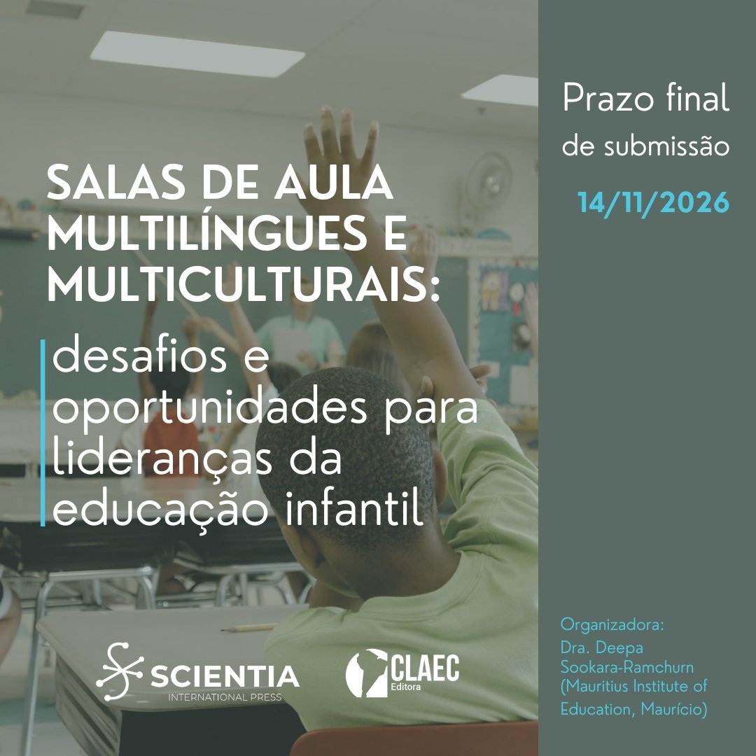 Card de divulgação da chamada de capítulos para o e-book Salas de aula multilíngues e multiculturais, com prazo final de submissão em 14 de novembro de 2026.
