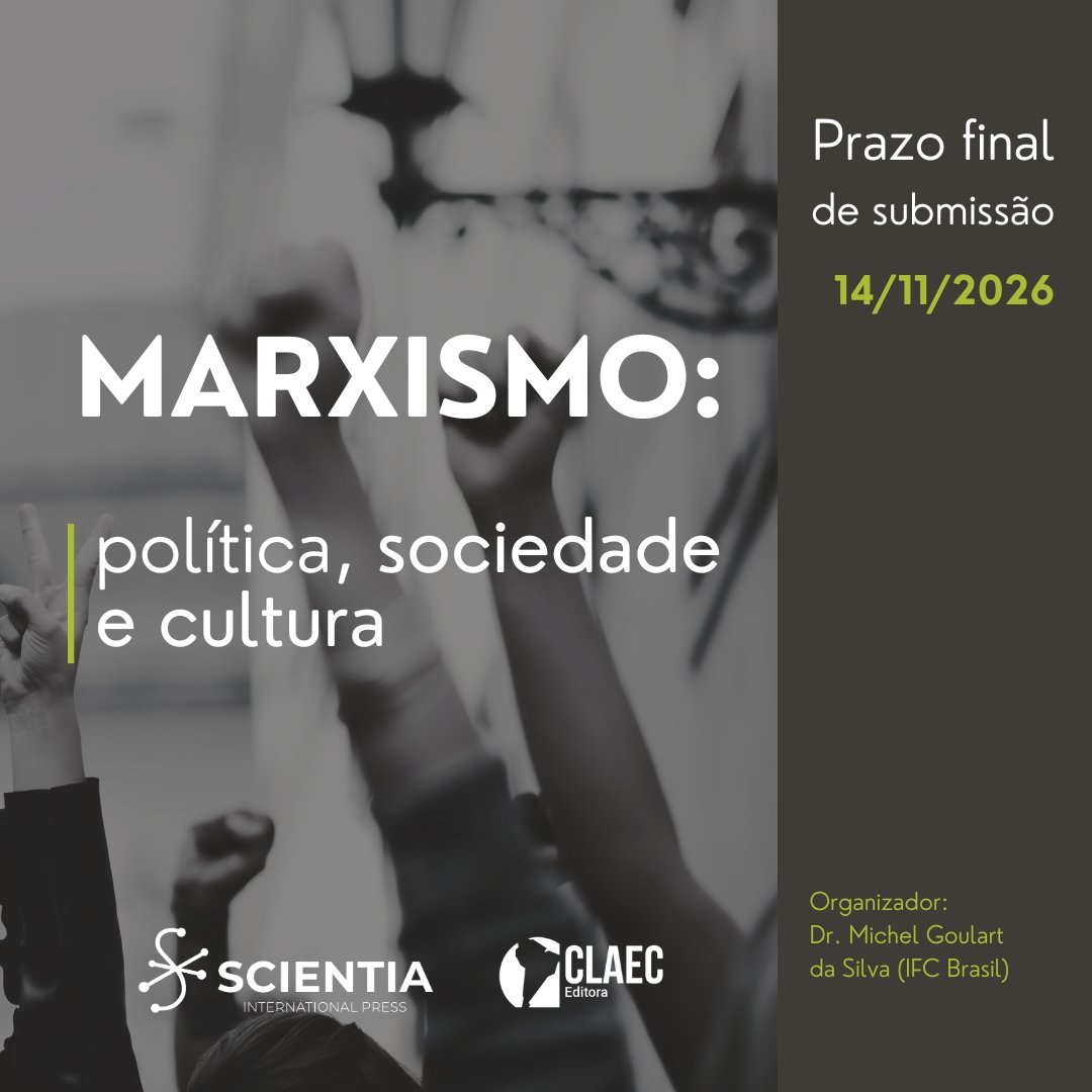 Card de divulgação da chamada de capítulos para o e-book Marxismo: política, sociedade e cultura, com prazo final de submissão em 14 de novembro de 2026.