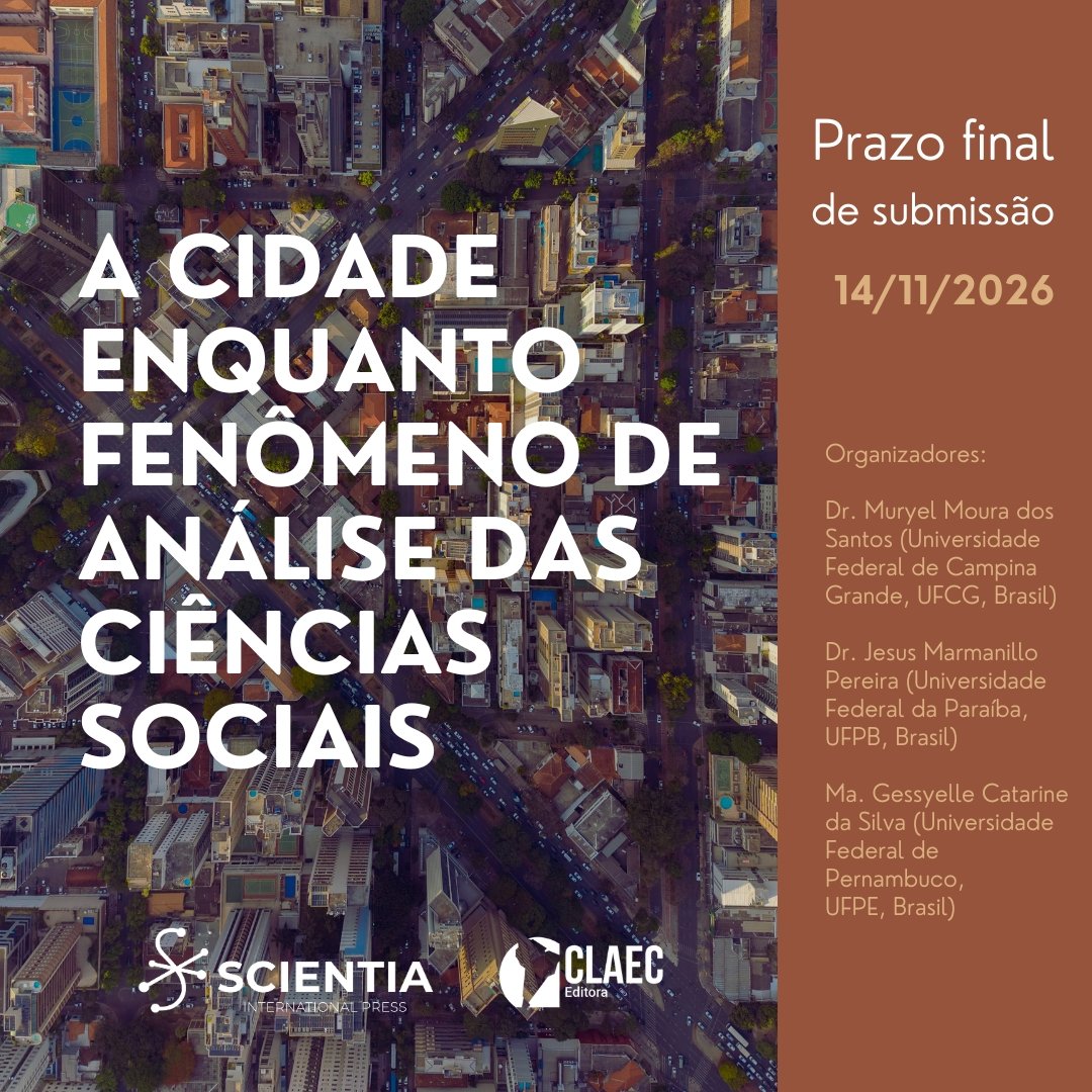 Card de divulgação da chamada de capítulos para o e-book A cidade enquanto fenômeno de análise das Ciências Sociais, com prazo final de submissão em 14 de novembro de 2026.