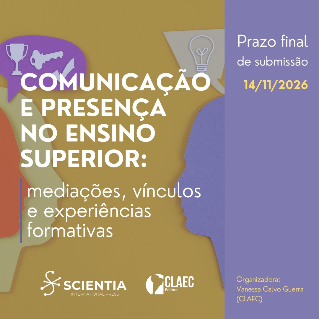 Card de divulgação da chamada de capítulos para o e-book Comunicação e Presença no Ensino Superior, com prazo final de submissão em 14 de novembro de 2026.