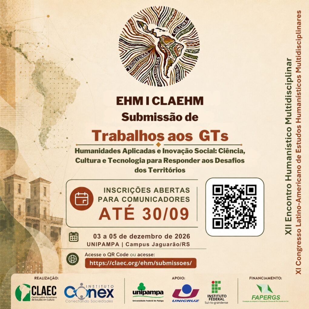 Card de divulgação com chamada para submissão de trabalhos aos Grupos de Trabalho do XII EHM e XI CLAEHM 2026, inscrições para comunicadores até 30/09