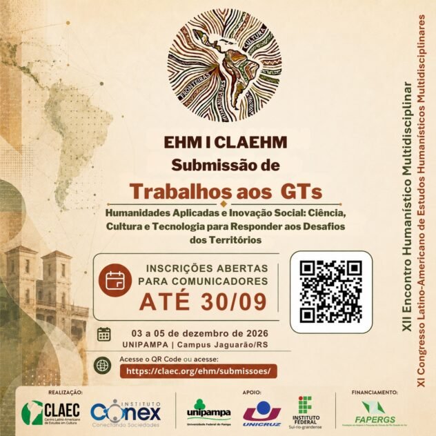 Card de divulgação com chamada para submissão de trabalhos aos Grupos de Trabalho do XII EHM e XI CLAEHM 2026, inscrições para comunicadores até 30/09