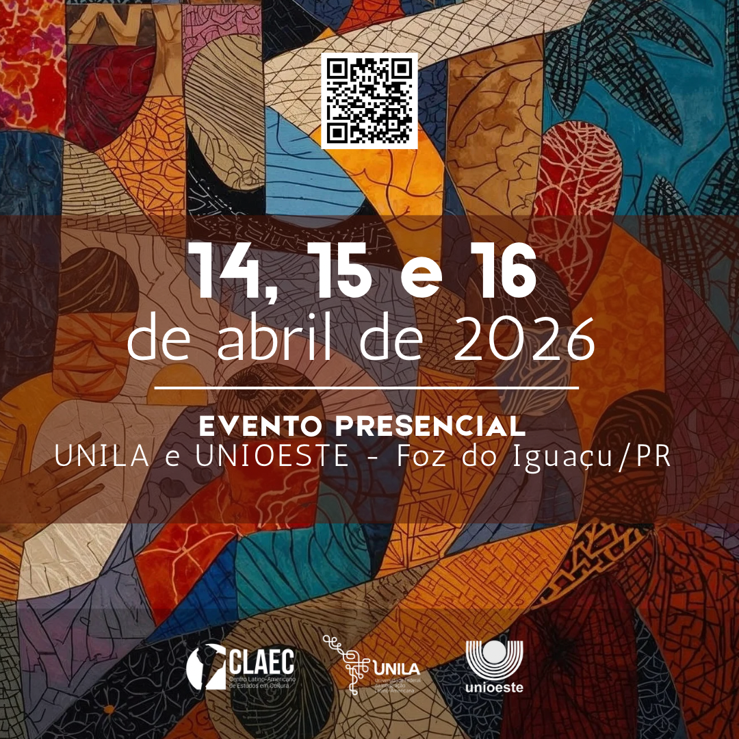 Banner V SEMLACult 2026 com datas do evento: 14, 15 e 16 de abril de 2026 em Foz do Iguaçu. Evento presencial UNILA e UNIOESTE. Mosaico de arte latino-americana com QR Code e logos das instituições realizadoras.