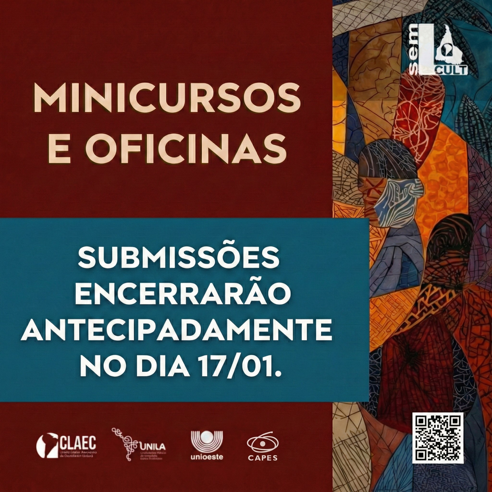 Card informativo com o texto "Minicursos e Oficinas". Ao centro, em uma faixa azul, o aviso: "Submissões encerrarão antecipadamente no dia 17/01".
