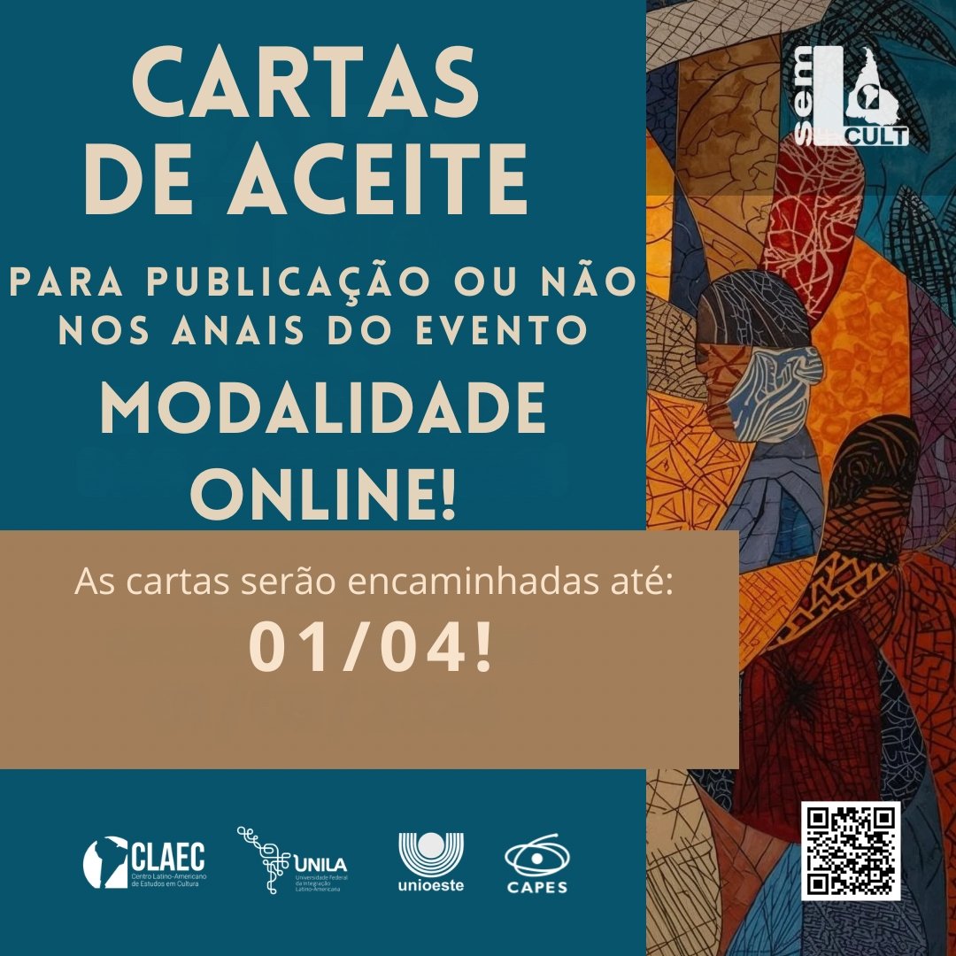 Divulgação das cartas de aceite do SEMLACult 2026 para modalidade online com envio até 01 de abril