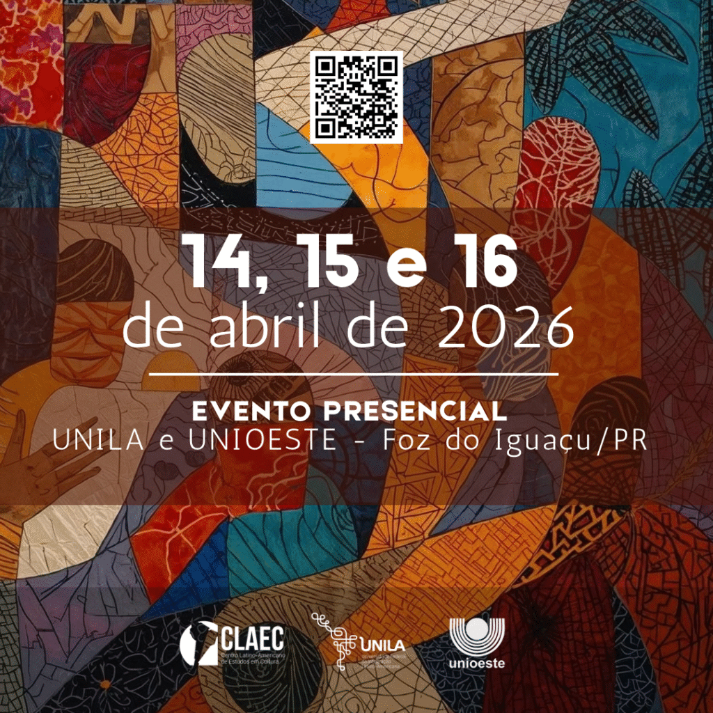 Banner V SEMLACult 2026 com datas do evento: 14, 15 e 16 de abril de 2026 em Foz do Iguaçu. Evento presencial UNILA e UNIOESTE. Mosaico de arte latino-americana com QR Code e logos das instituições realizadoras.