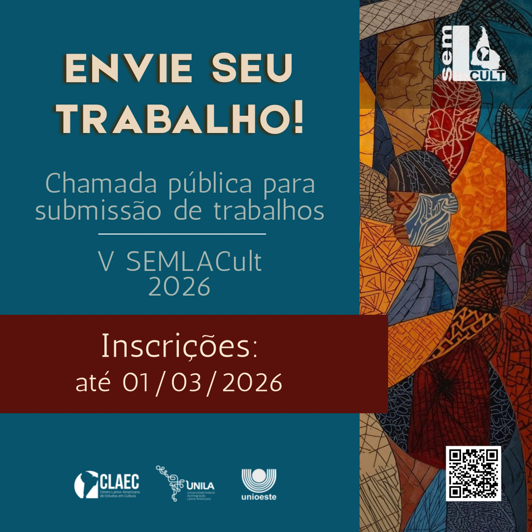 Chamada pública para submissão de trabalhos do V SEMLACult 2026, com inscrições até 1º de março de 2026