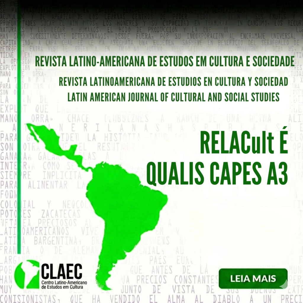 Card informativo da revista RELACult anunciando a classificação Qualis CAPES A3. A imagem contém o mapa da América Latina em verde, o logotipo do CLAEC e os títulos da revista em português, espanhol e inglês.