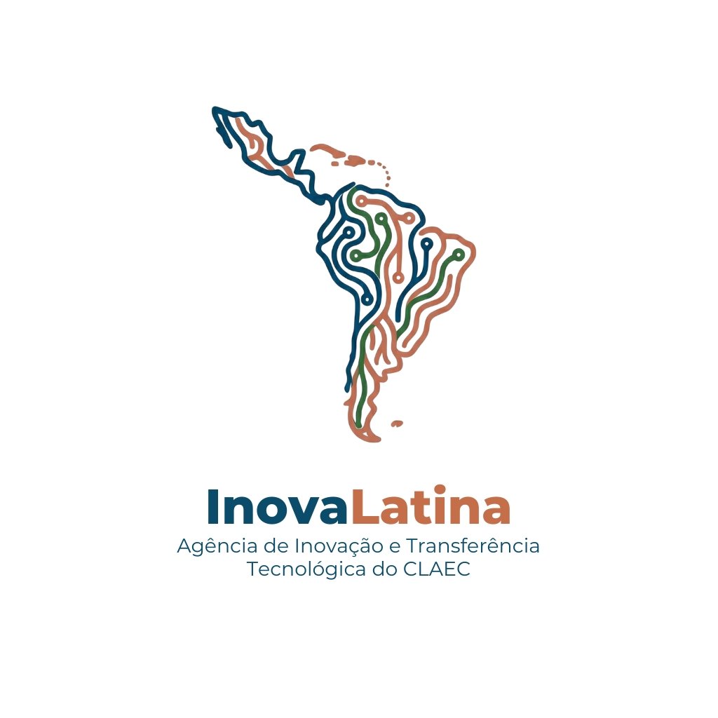 Logo vertical colorida da InovaLatina com mapa estilizado da América Latina representando inovação e tecnologia.