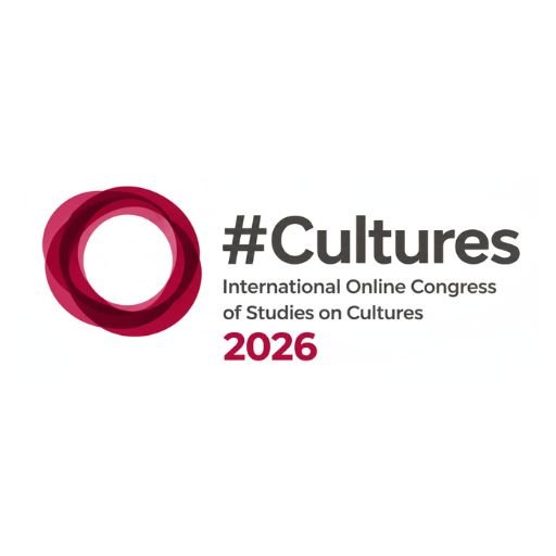 Logo oficial do #Cultures 2026 - International Online Congress of Studies on Cultures, com símbolo circular em tons de vinho e rosa.
