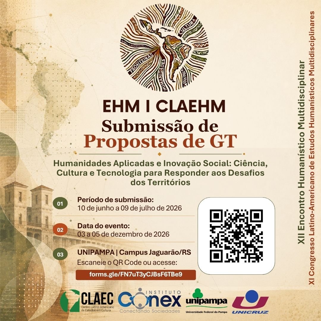 Card de divulgação da submissão de propostas de GT do XII EHM e XI CLAEHM 2026, com tema Humanidades Aplicadas e Inovação Social, data do evento, QR Code e logos institucionais.