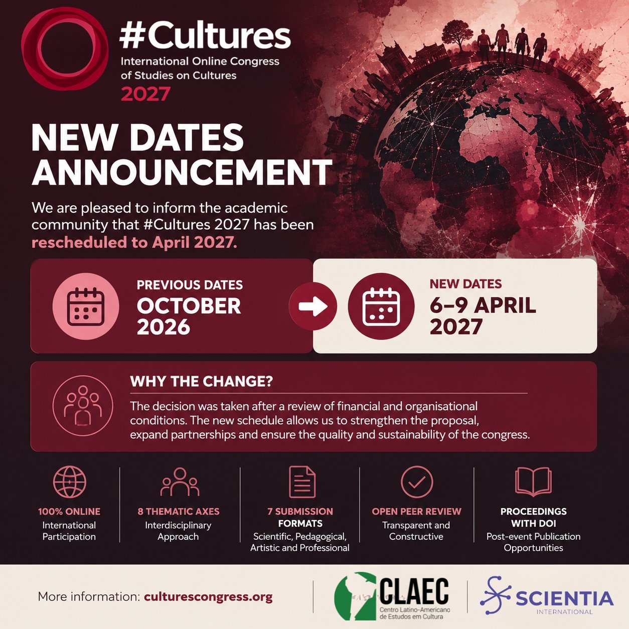 Anúncio da mudança do #Cultures 2027 de outubro de 2026 para os dias 6 a 9 de abril de 2027